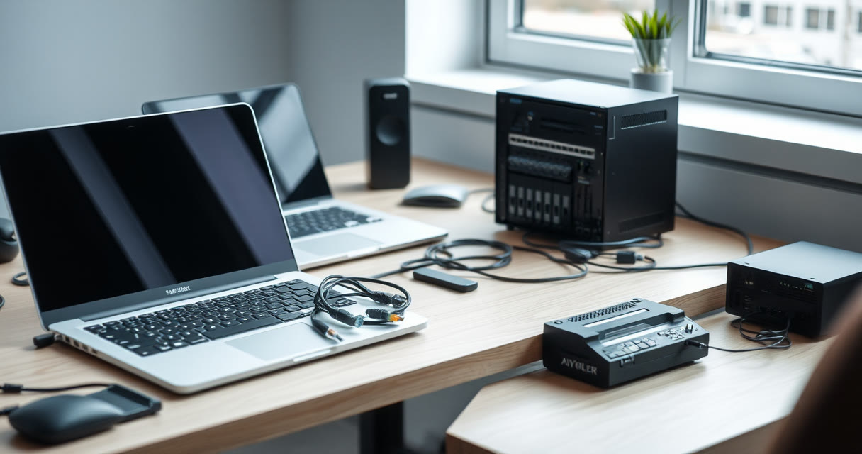 Banc de lucru IT cu laptop, cabluri de rețea și un server mic